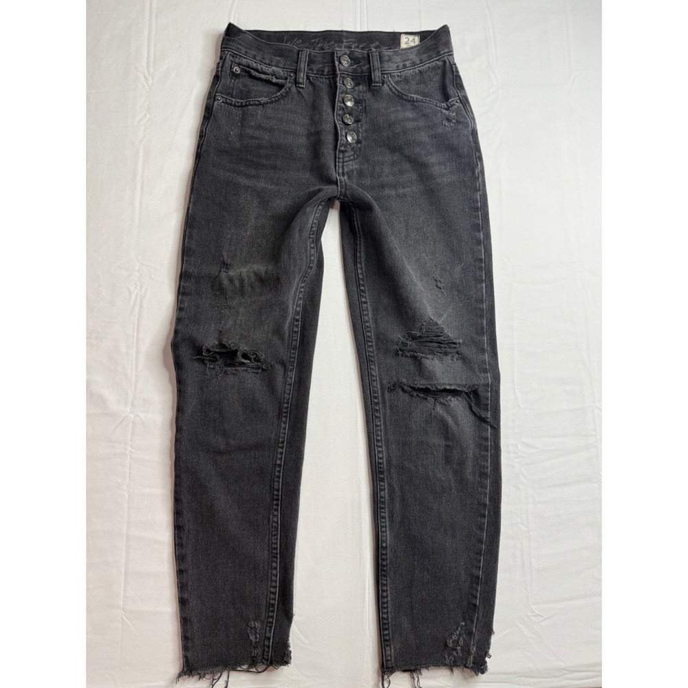 We The Free People High Rise Jeans Washed Black Button Fly Size 24 Regular